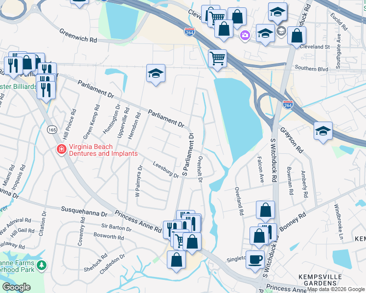 map of restaurants, bars, coffee shops, grocery stores, and more near 5324 Leicester Court in Virginia Beach