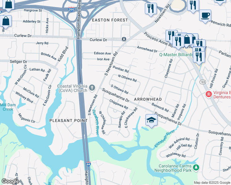 map of restaurants, bars, coffee shops, grocery stores, and more near 5805 South Ottawa Road in Virginia Beach