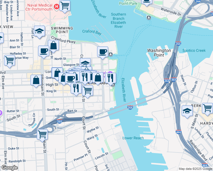 map of restaurants, bars, coffee shops, grocery stores, and more near in Portsmouth
