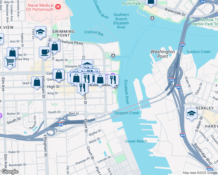 map of restaurants, bars, coffee shops, grocery stores, and more near in Portsmouth