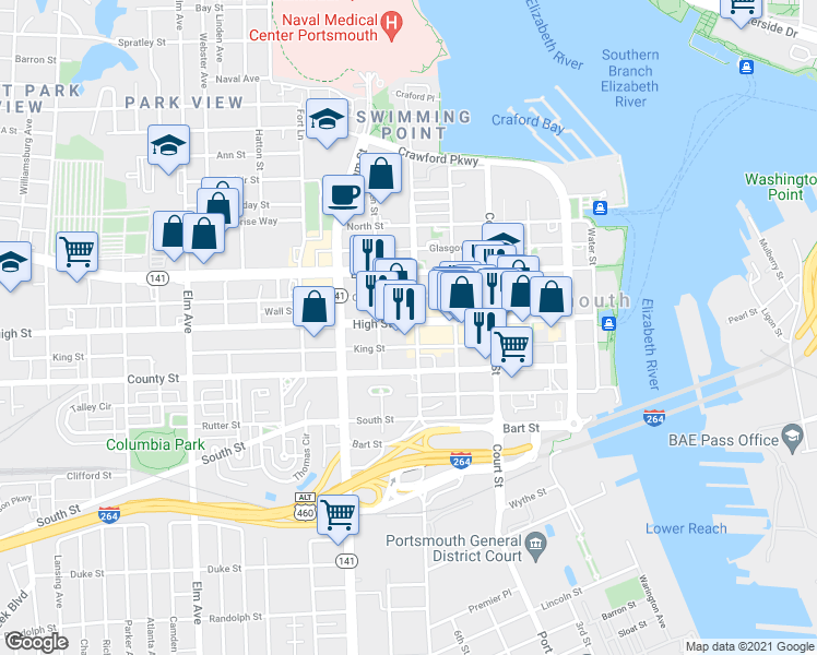 map of restaurants, bars, coffee shops, grocery stores, and more near 522 High Street in Portsmouth