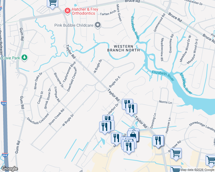 map of restaurants, bars, coffee shops, grocery stores, and more near 2365 West Bugle Drive in Chesapeake