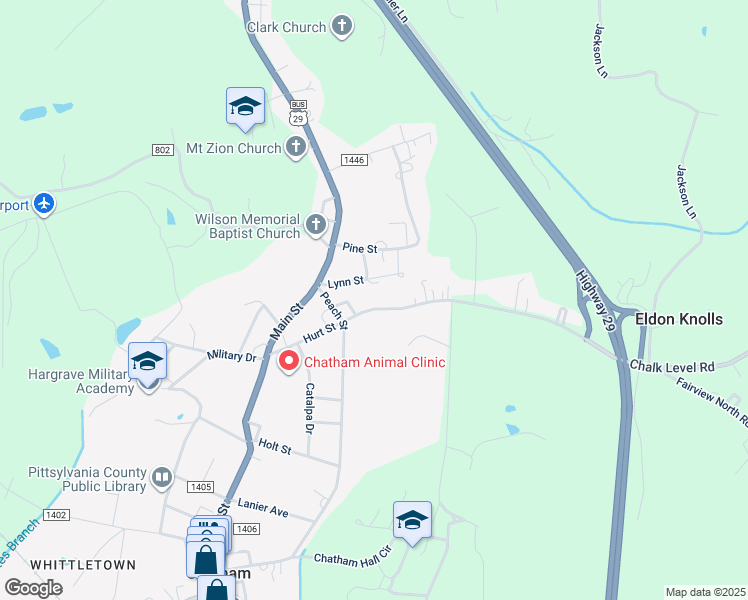 map of restaurants, bars, coffee shops, grocery stores, and more near 250 Hurt Street in Chatham