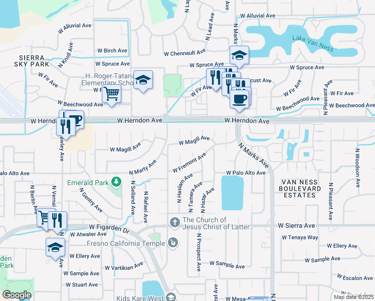 map of restaurants, bars, coffee shops, grocery stores, and more near 3315 West Magill Avenue in Fresno