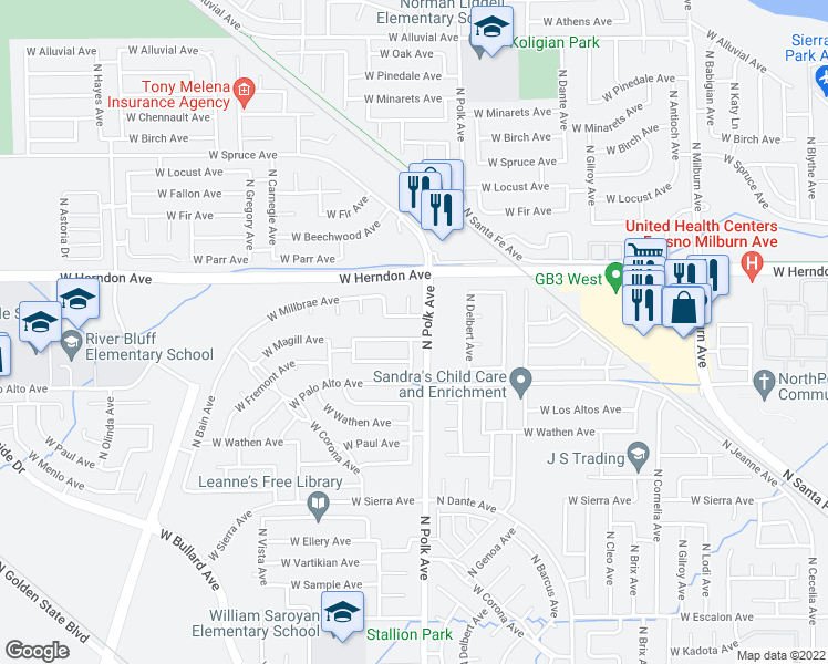 map of restaurants, bars, coffee shops, grocery stores, and more near 5527 West Warner Avenue in Fresno