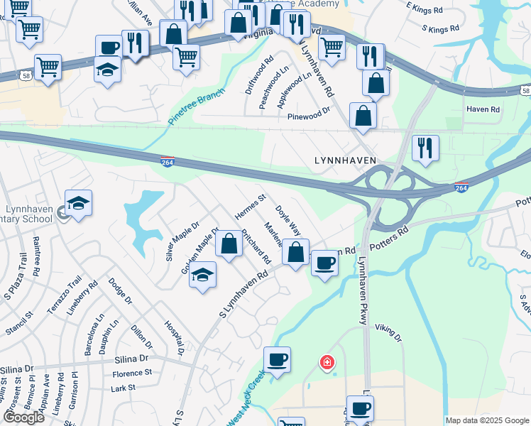 map of restaurants, bars, coffee shops, grocery stores, and more near 224 Marlene St in Virginia Beach