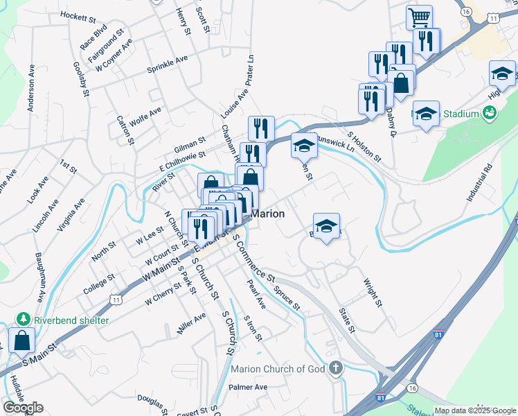 map of restaurants, bars, coffee shops, grocery stores, and more near 315 East Main Street in Marion