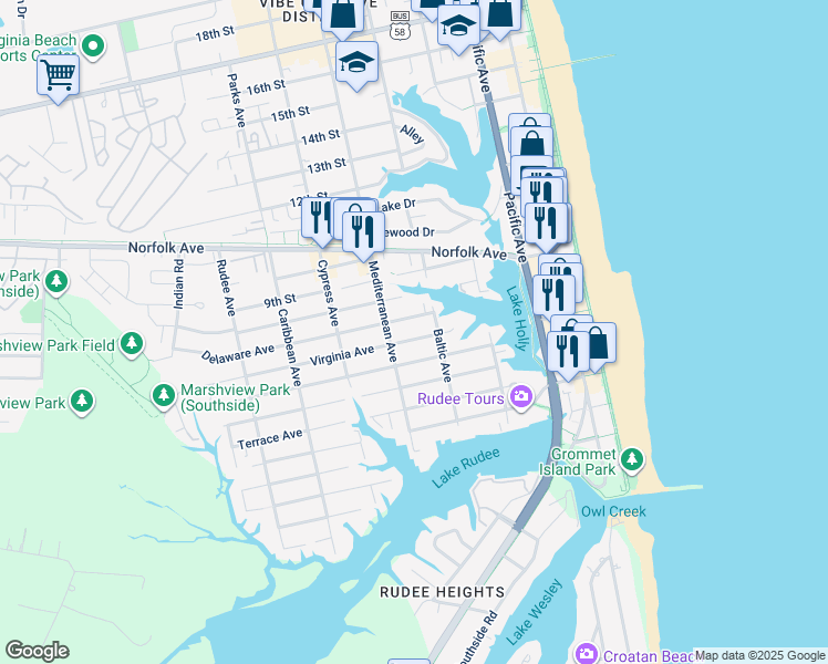 map of restaurants, bars, coffee shops, grocery stores, and more near 515 Virginia Avenue in Virginia Beach