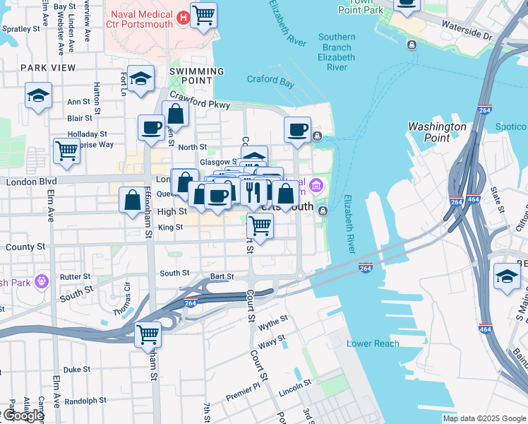 map of restaurants, bars, coffee shops, grocery stores, and more near 313 High Street in Portsmouth