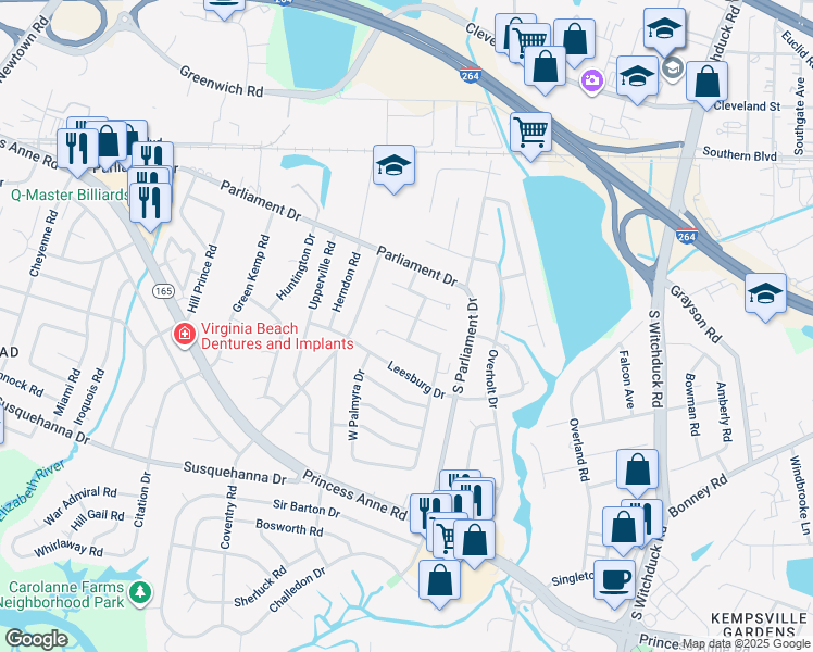 map of restaurants, bars, coffee shops, grocery stores, and more near 143 Tower Drive in Virginia Beach