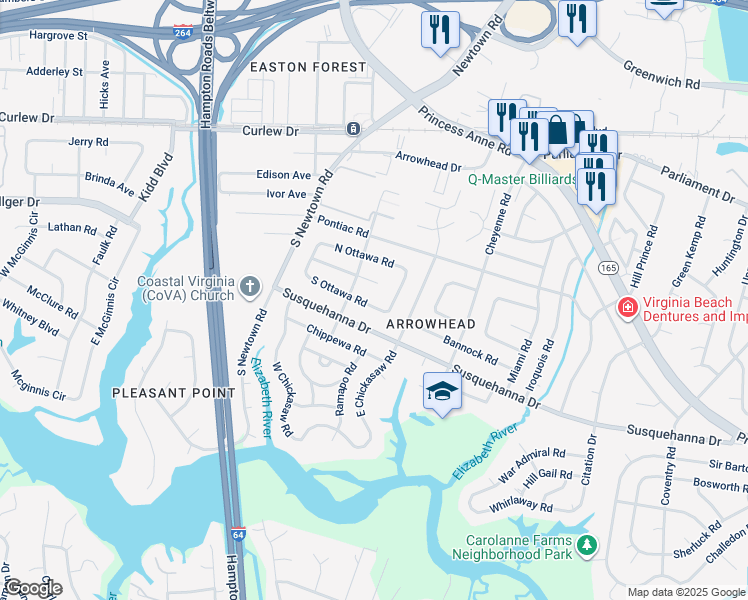 map of restaurants, bars, coffee shops, grocery stores, and more near 5752 South Ottawa Road in Virginia Beach