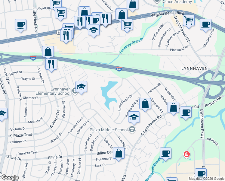 map of restaurants, bars, coffee shops, grocery stores, and more near 3028 Birch Bark Drive in Virginia Beach