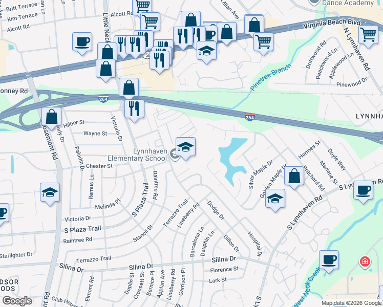 map of restaurants, bars, coffee shops, grocery stores, and more near 210 Dillon Drive in Virginia Beach