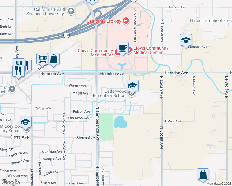 map of restaurants, bars, coffee shops, grocery stores, and more near 2713 Burlingame Avenue in Clovis