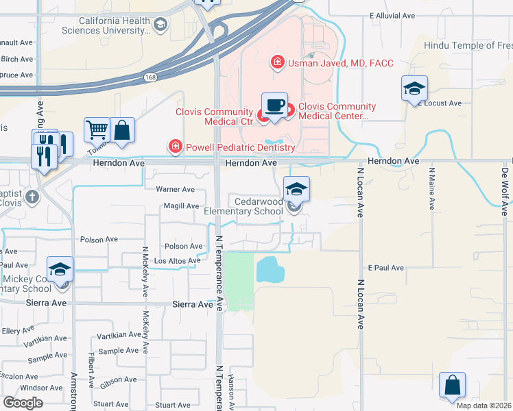 map of restaurants, bars, coffee shops, grocery stores, and more near 2693 Burlingame Avenue in Clovis
