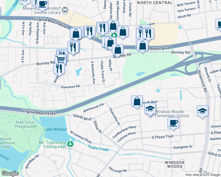map of restaurants, bars, coffee shops, grocery stores, and more near 235 Thalia Trace Drive in Virginia Beach