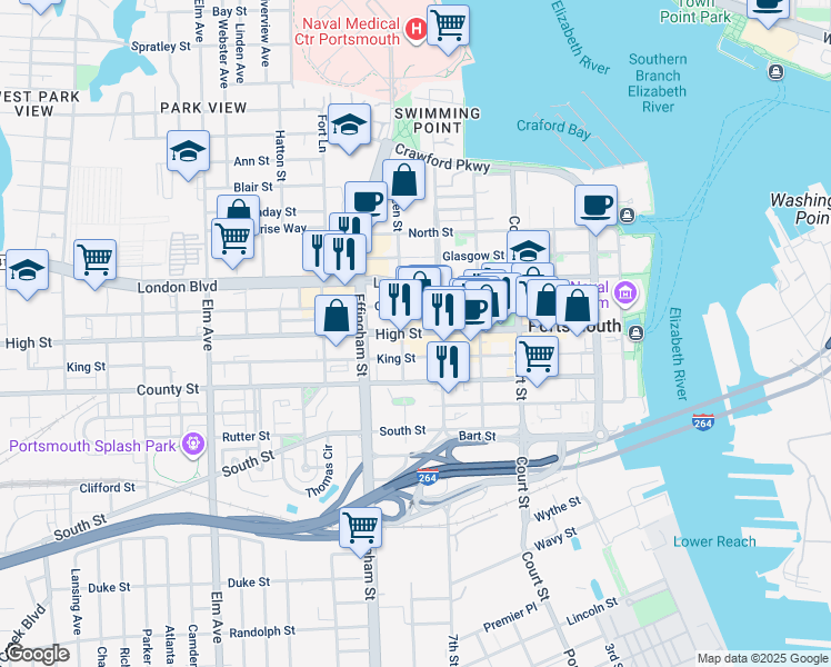 map of restaurants, bars, coffee shops, grocery stores, and more near 625 High Street in Portsmouth