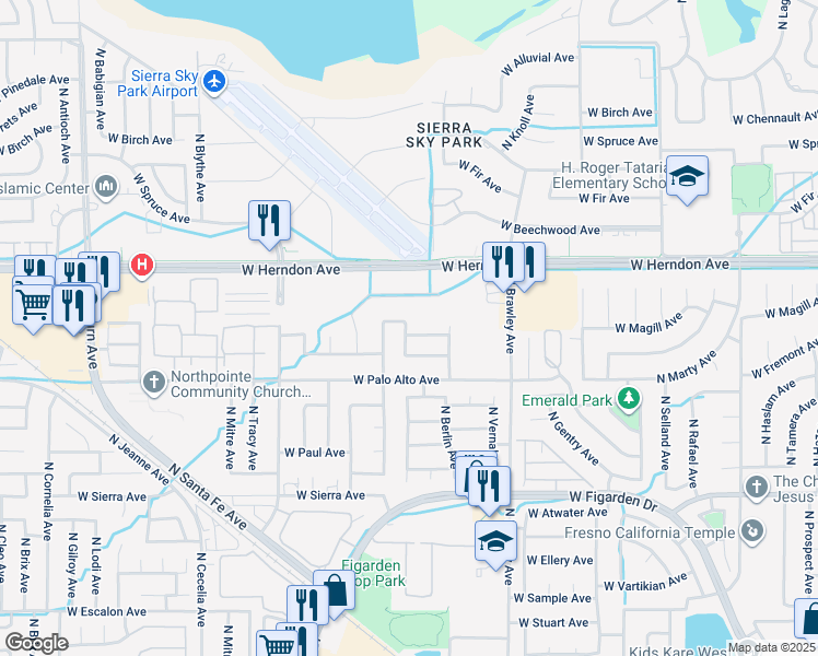 map of restaurants, bars, coffee shops, grocery stores, and more near 4190 West Magill Avenue in Fresno