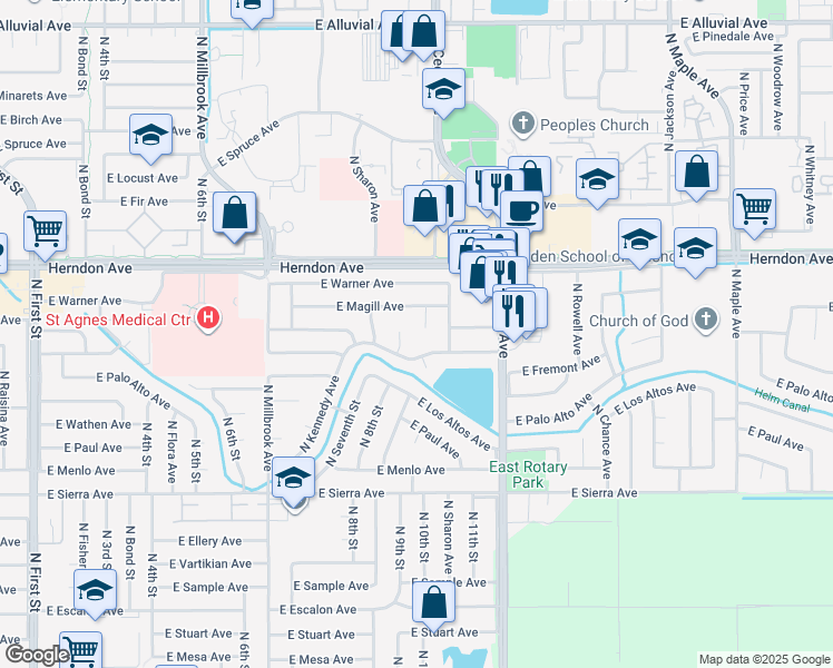 map of restaurants, bars, coffee shops, grocery stores, and more near 6688 North Spalding Avenue in Fresno