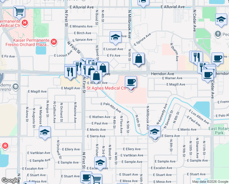 map of restaurants, bars, coffee shops, grocery stores, and more near 6636 North 3rd Street in Fresno