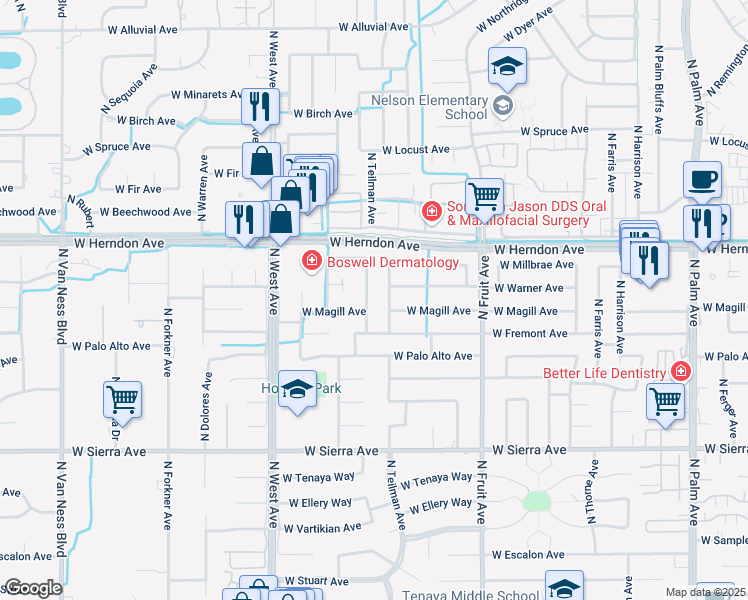 map of restaurants, bars, coffee shops, grocery stores, and more near 6697 North Teilman Avenue in Fresno