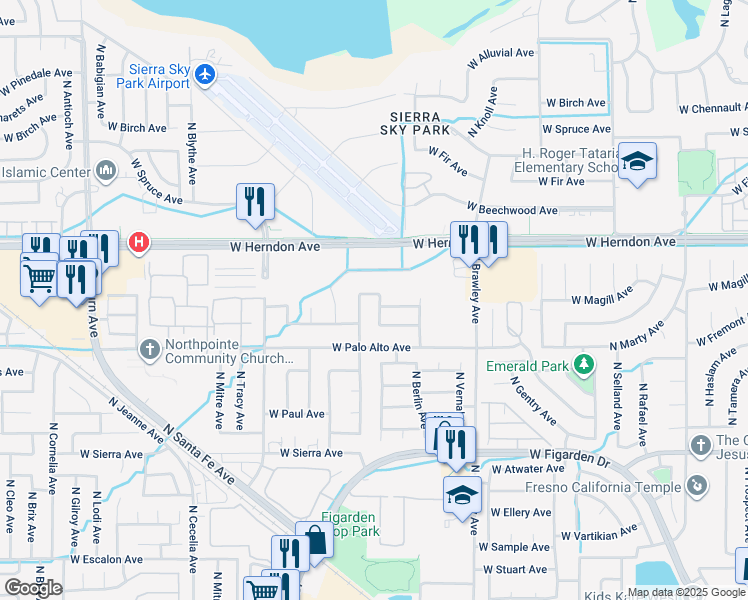 map of restaurants, bars, coffee shops, grocery stores, and more near 4190 West Magill Avenue in Fresno