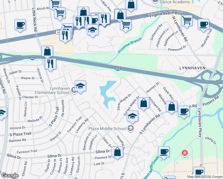 map of restaurants, bars, coffee shops, grocery stores, and more near 3028 Birch Bark Drive in Virginia Beach