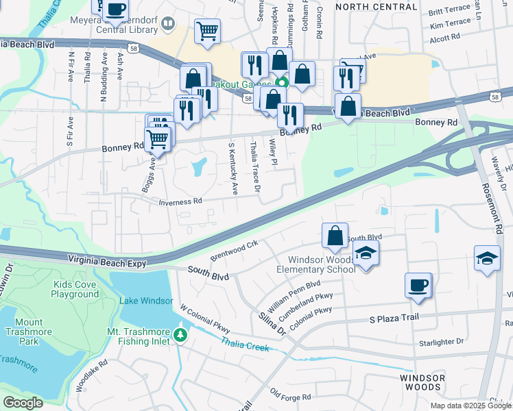 map of restaurants, bars, coffee shops, grocery stores, and more near 222 Thalia Trace Drive in Virginia Beach