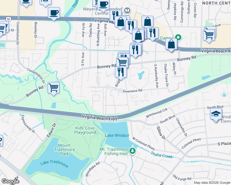 map of restaurants, bars, coffee shops, grocery stores, and more near 4129 Inverness Road in Virginia Beach