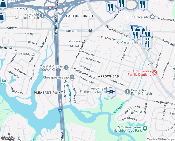 map of restaurants, bars, coffee shops, grocery stores, and more near 5801 South Ottawa Road in Virginia Beach