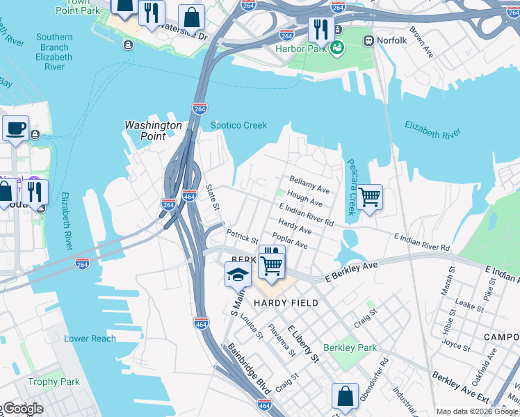 map of restaurants, bars, coffee shops, grocery stores, and more near 107 West Indian River Road in Norfolk