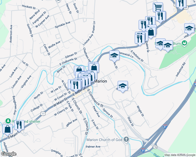 map of restaurants, bars, coffee shops, grocery stores, and more near 315 East Main Street in Marion