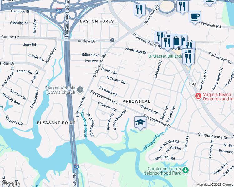 map of restaurants, bars, coffee shops, grocery stores, and more near 5756 South Ottawa Road in Virginia Beach