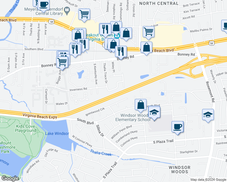 map of restaurants, bars, coffee shops, grocery stores, and more near 235 Thalia Trace Drive in Virginia Beach