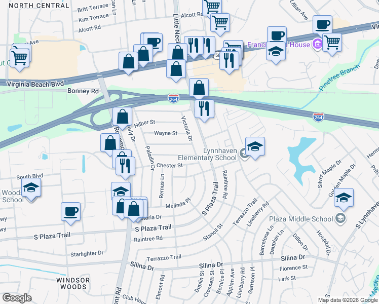 map of restaurants, bars, coffee shops, grocery stores, and more near 3509 Barry Street in Virginia Beach