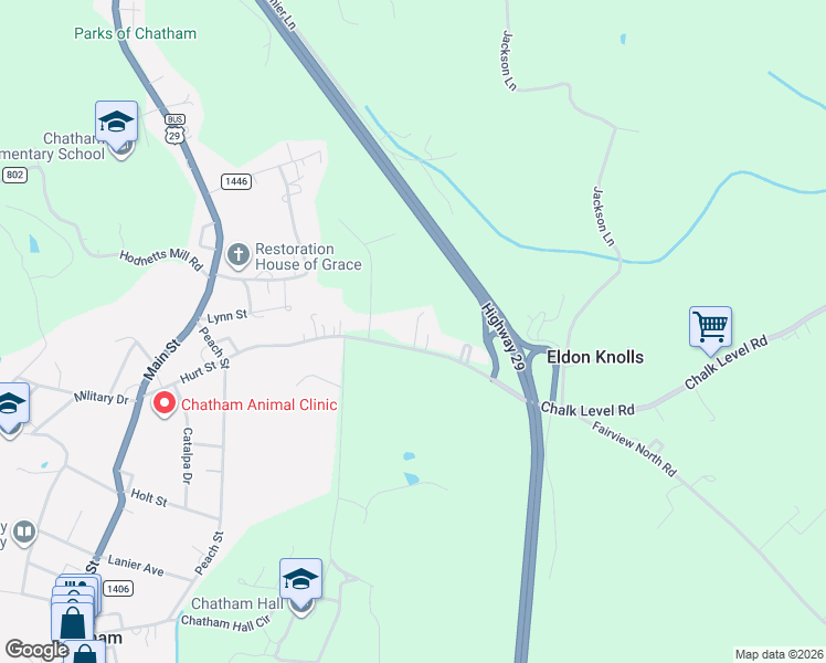 map of restaurants, bars, coffee shops, grocery stores, and more near 533 Chalk Level Road in Chatham