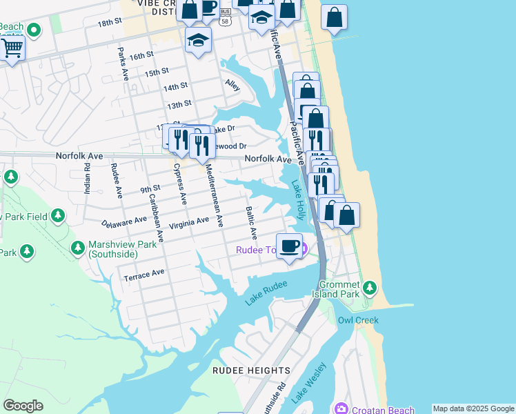 map of restaurants, bars, coffee shops, grocery stores, and more near 417 Virginia Avenue in Virginia Beach