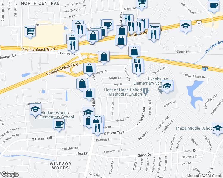 map of restaurants, bars, coffee shops, grocery stores, and more near 3544 Continental Street in Virginia Beach