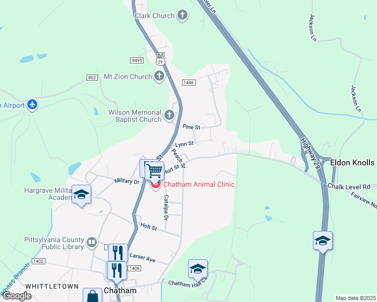 map of restaurants, bars, coffee shops, grocery stores, and more near 210 Hurt Street in Chatham