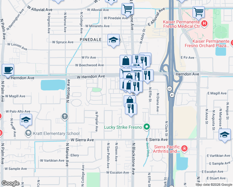 map of restaurants, bars, coffee shops, grocery stores, and more near Seville Drive in Fresno