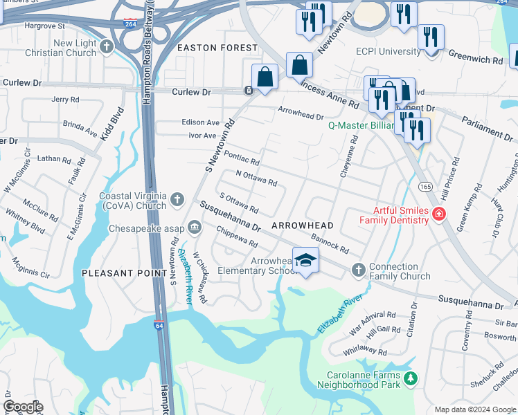 map of restaurants, bars, coffee shops, grocery stores, and more near 5756 South Ottawa Road in Virginia Beach