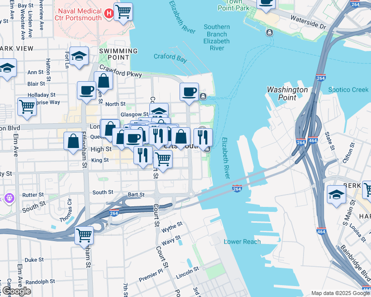 map of restaurants, bars, coffee shops, grocery stores, and more near 502 Crawford Street in Portsmouth