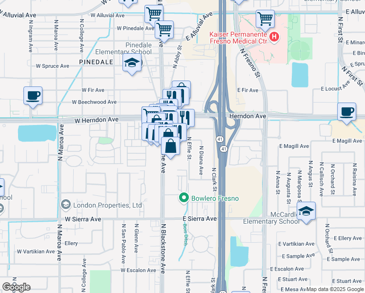 map of restaurants, bars, coffee shops, grocery stores, and more near 6652 North Blackstone Avenue in Fresno