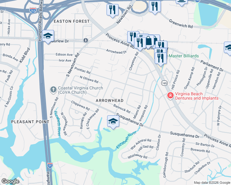map of restaurants, bars, coffee shops, grocery stores, and more near 5724 Cheyenne Circle in Virginia Beach