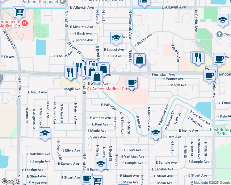 map of restaurants, bars, coffee shops, grocery stores, and more near 6636 North 3rd Street in Fresno