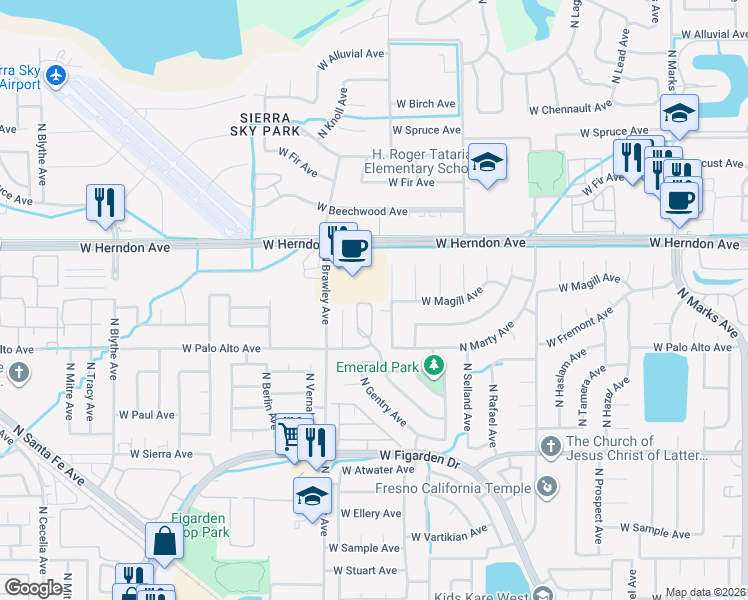 map of restaurants, bars, coffee shops, grocery stores, and more near 3732 West Palo Alto Avenue in Fresno
