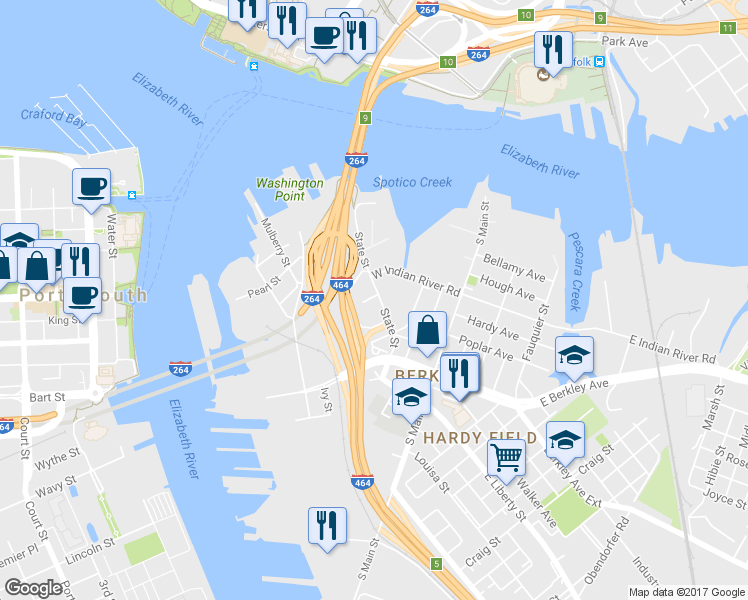 map of restaurants, bars, coffee shops, grocery stores, and more near 501 State Street in Norfolk