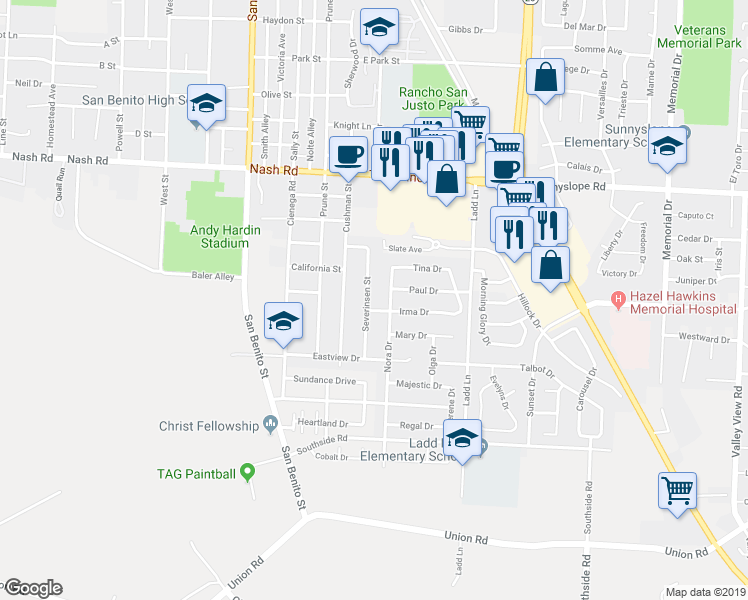 map of restaurants, bars, coffee shops, grocery stores, and more near 1781 Severinsen Street in Hollister