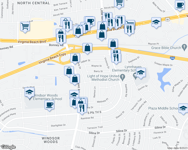 map of restaurants, bars, coffee shops, grocery stores, and more near 3544 Continental Street in Virginia Beach