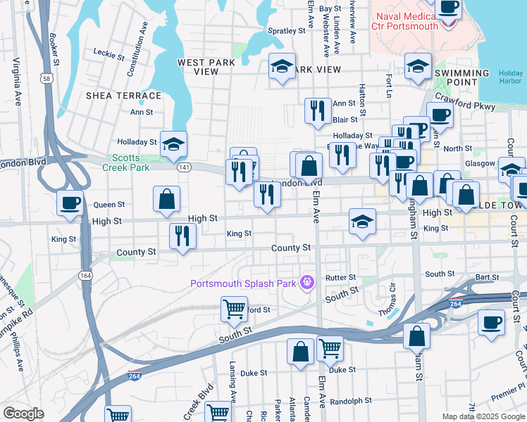 map of restaurants, bars, coffee shops, grocery stores, and more near 1415 Queen Street in Portsmouth